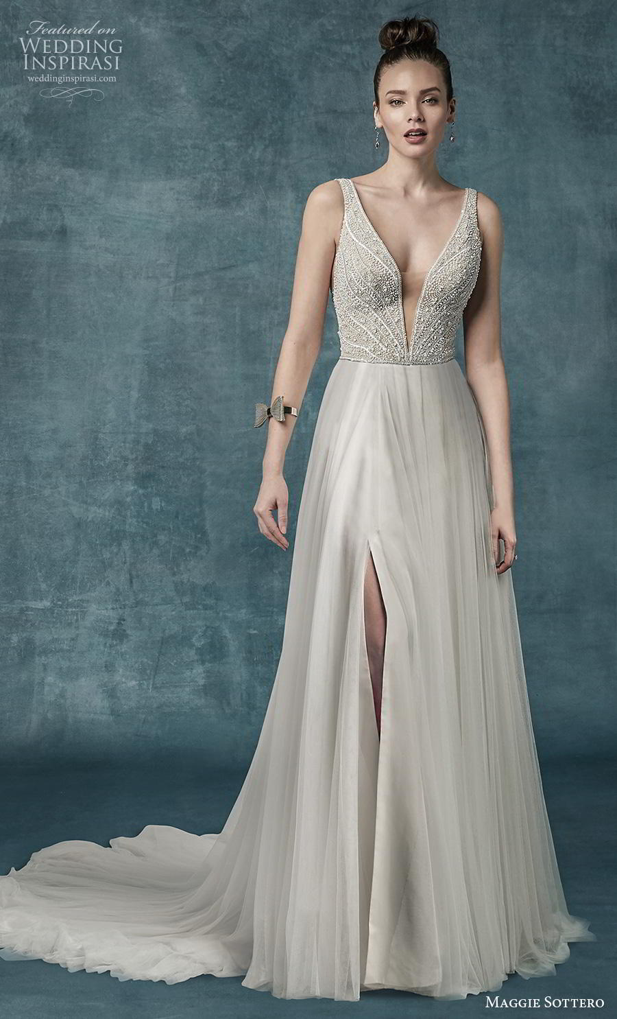 maggie sottero spring 2019 bridal sleeveless deep plunging v neck heavily embellished bodice slit skirt romantic glamorous soft a  line wedding dress square back chapel train (16) mv