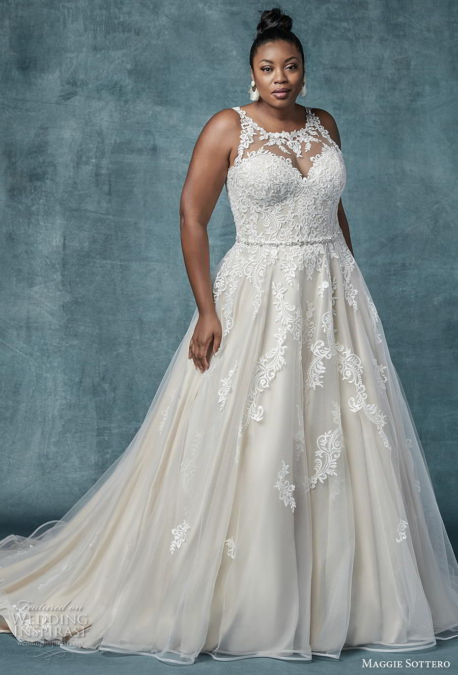 maggie sottero spring 2019 bridal sleeveless illusion jewel sweetheart neckline heavily embellished bodice romantic a  line wedding dress sheer lace back chapel train (7) mv