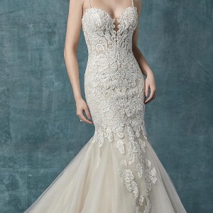 maggie sottero spring 2019 bridal sleeveless spaghetti strap sweetheart neckline heavily embellished bodice elegant mermaid wedding dress mid back chapel train (2) mv