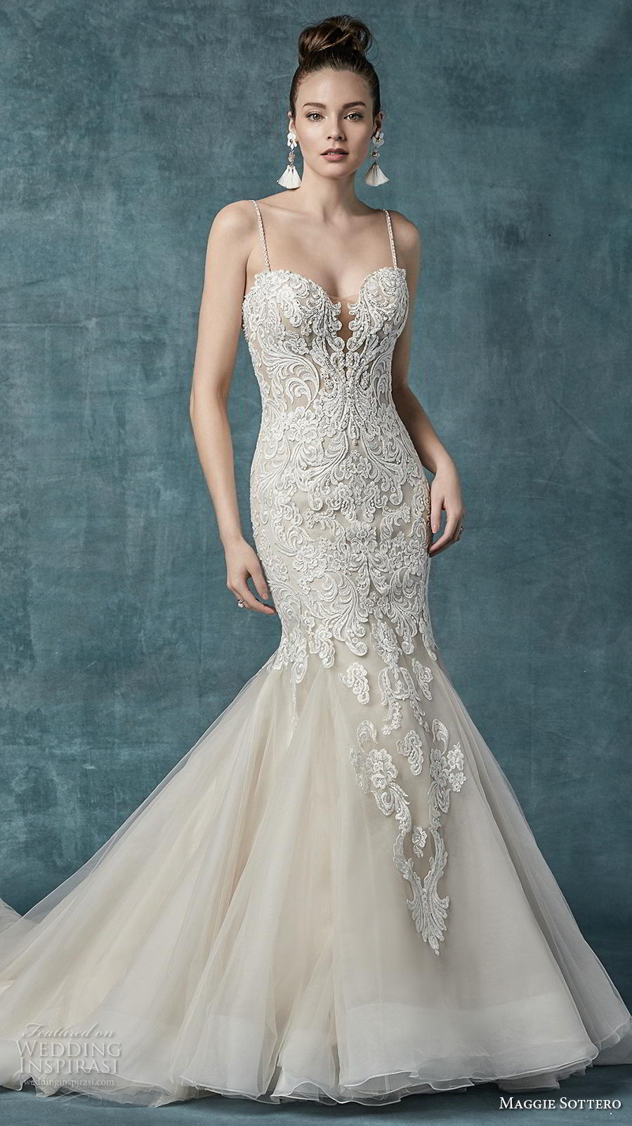 maggie sottero spring 2019 bridal sleeveless spaghetti strap sweetheart neckline heavily embellished bodice elegant mermaid wedding dress mid back chapel train (2) mv