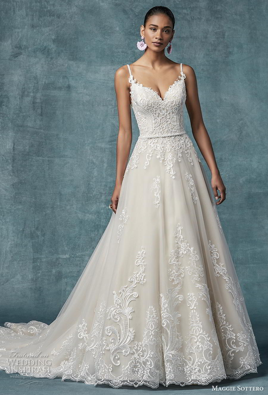 maggie sottero spring 2019 bridal spaghetti strap sweetheart neckline heavily embellished bodice hem romantic a  line wedding dress mid back chapel train (19) mv