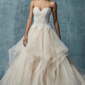 maggie sottero spring 2019 bridal strapless sweetheart neckline heavily embellished bodice layered skirt romantic blush a  line wedding dress mid back sweep train (1) mv