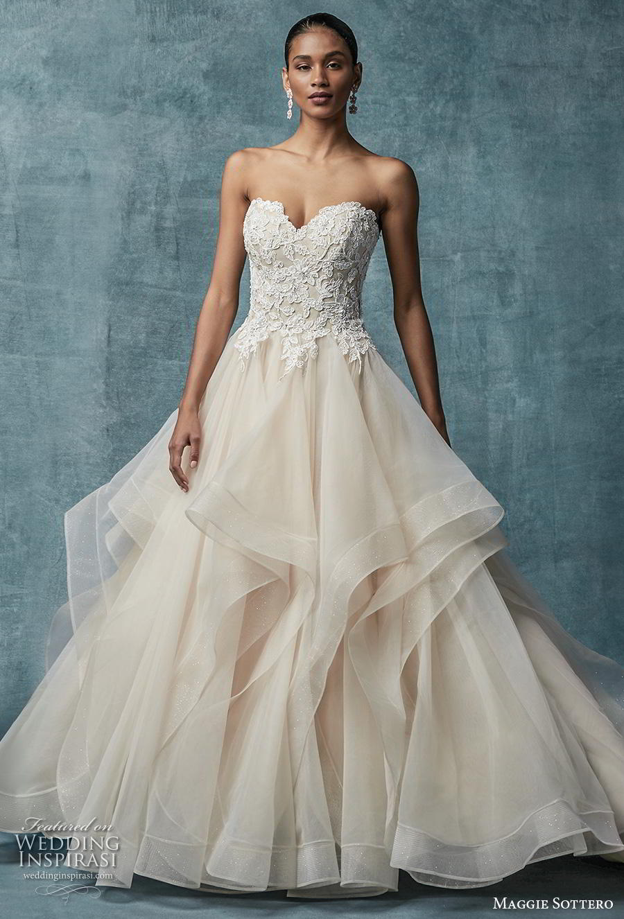 maggie sottero spring 2019 bridal strapless sweetheart neckline heavily embellished bodice layered skirt romantic blush a  line wedding dress mid back sweep train (1) mv