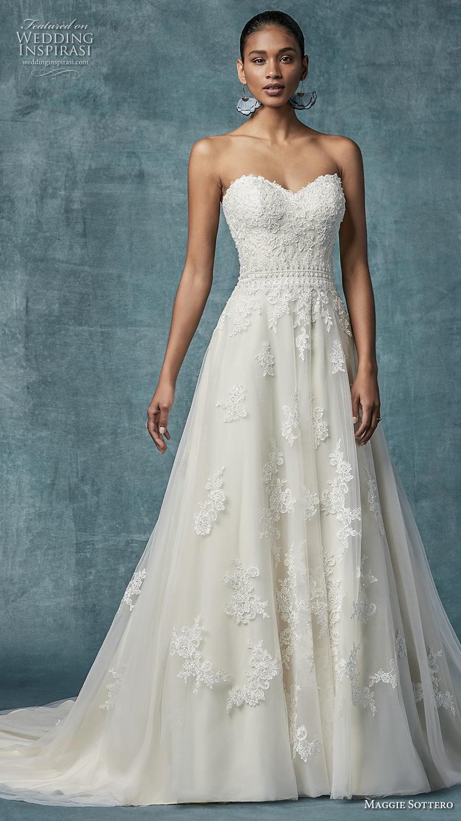 maggie sottero spring 2019 bridal strapless sweetheart neckline heavily embellished bodice romantic a  line wedding dress mid back chapel train (3) mv