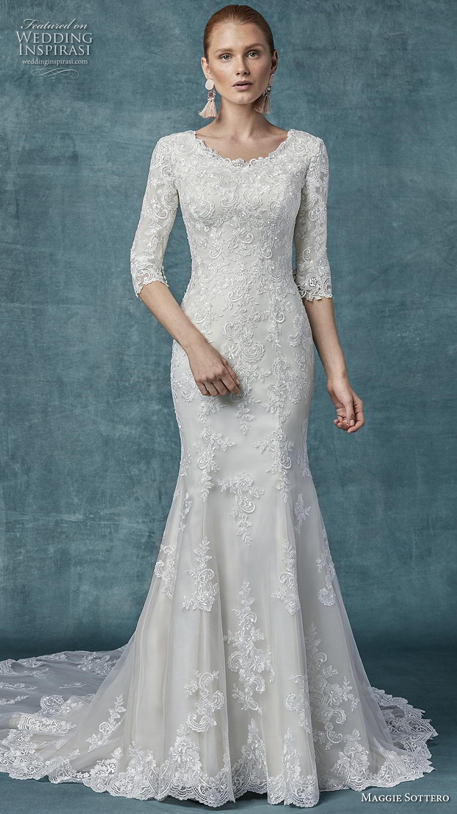 maggie sottero spring 2019 bridal three quarter sleeves jewel neckline full embellishment elegant modest fit and flare wedding dress covered back chapel train (6) mv