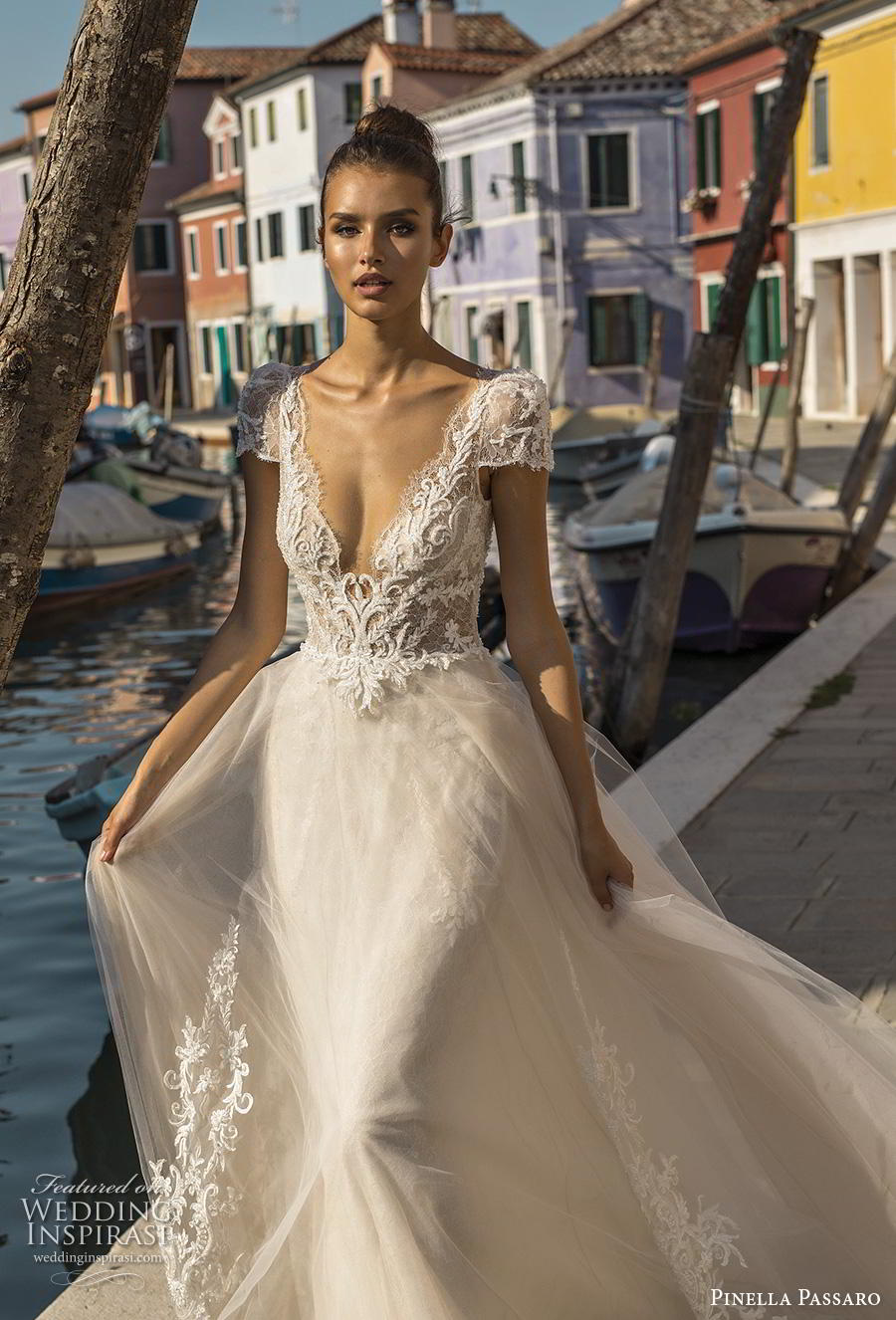 pinella passaro 2019 bridal cap sleeves deep v neck heavily embellished bodice tulle skirt romantic a  line wedding dress sheer button back chapel train (3) zv