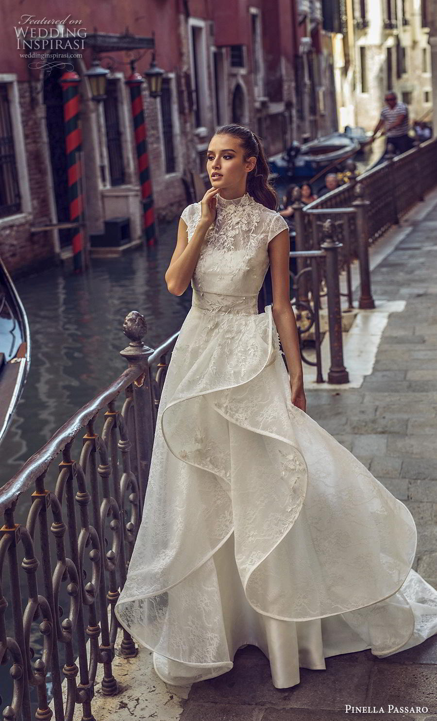 pinella passaro 2019 bridal cap sleeves high neck heavily embellished bodice tiered skirt romantic elegant a  line wedding dress covered lace back chapel train (12) mv