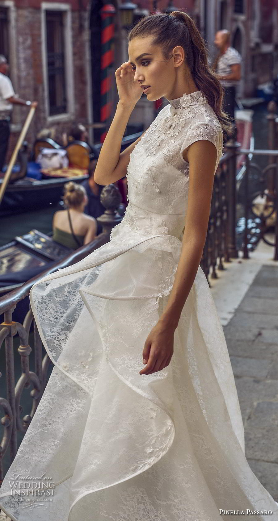 pinella passaro 2019 bridal cap sleeves high neck heavily embellished bodice tiered skirt romantic elegant a  line wedding dress covered lace back chapel train (12) zsdv