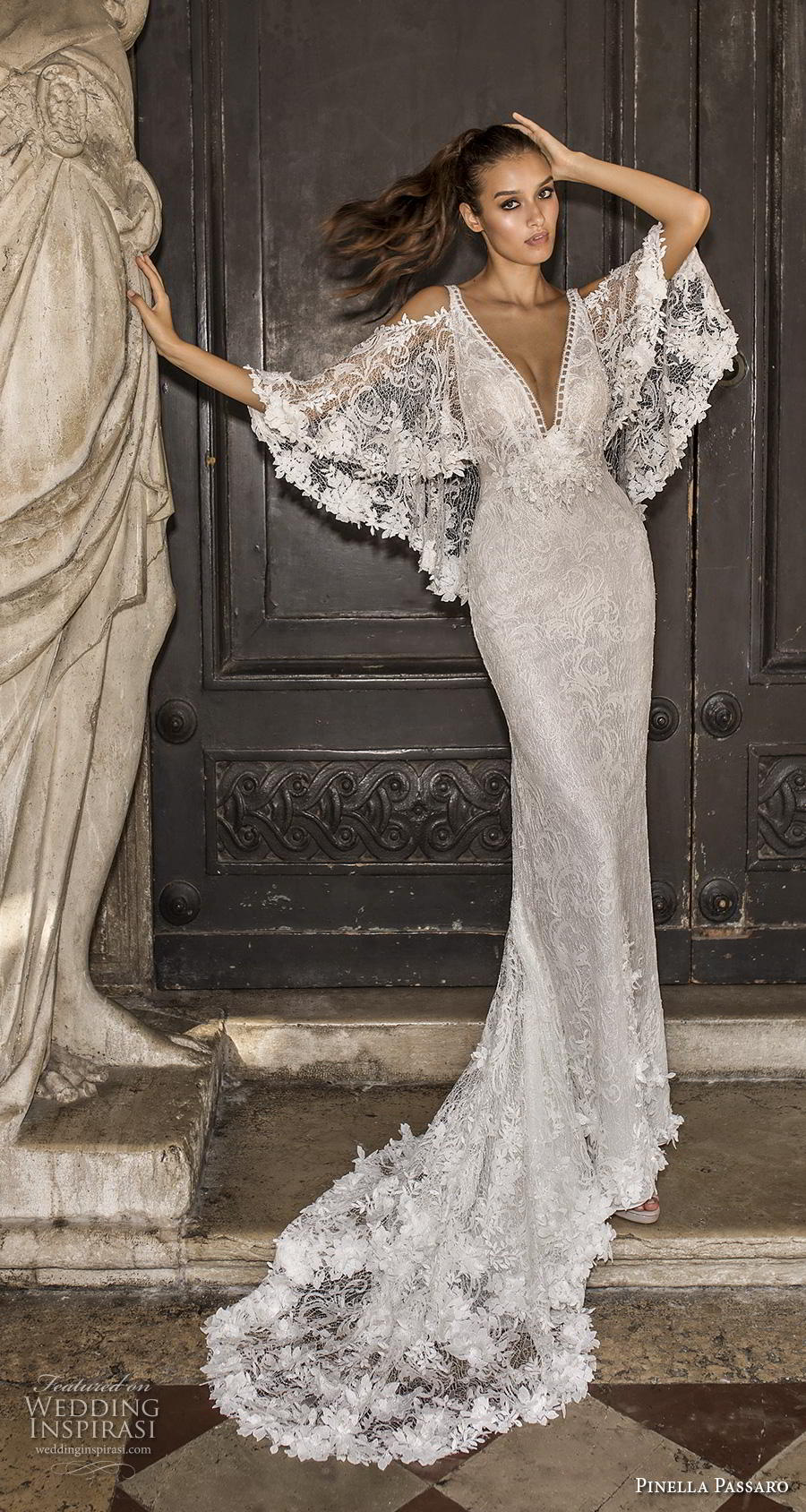 pinella passaro 2019 bridal half angel sleeves cold shoulder deep v neck full embellishment elegant sheath wedding dress medium train (15) mv
