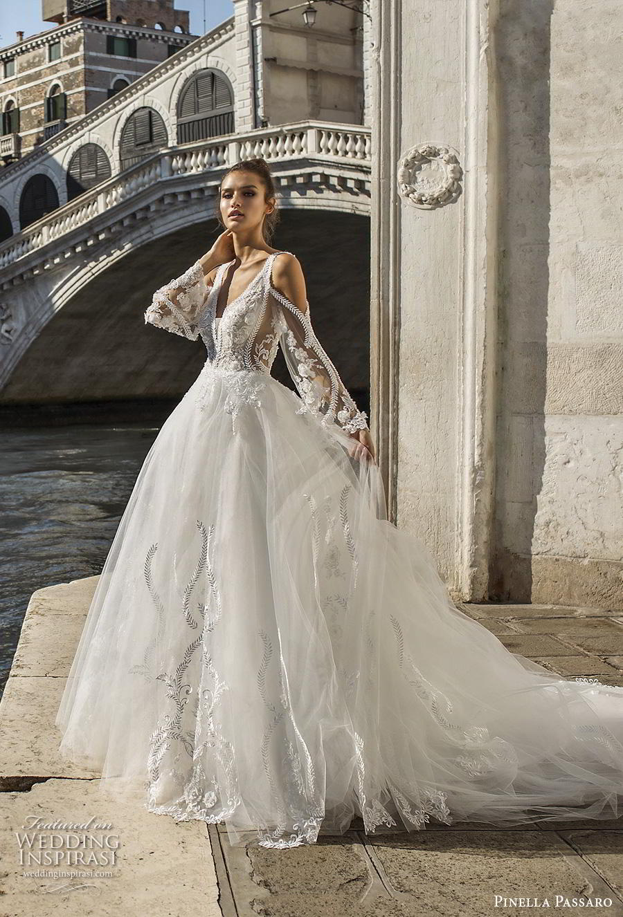 pinella passaro 2019 bridal long sleeves cold shoulder v neck heavily embellished bodice tulle skirt romantic a line wedding dress backless v back long train (2) mv pinella passaro 2019 bridal long sleeves cold shoulder v neck heavily embellished bodice tulle skirt romantic a line wedding dress backless v back long train (2) mv