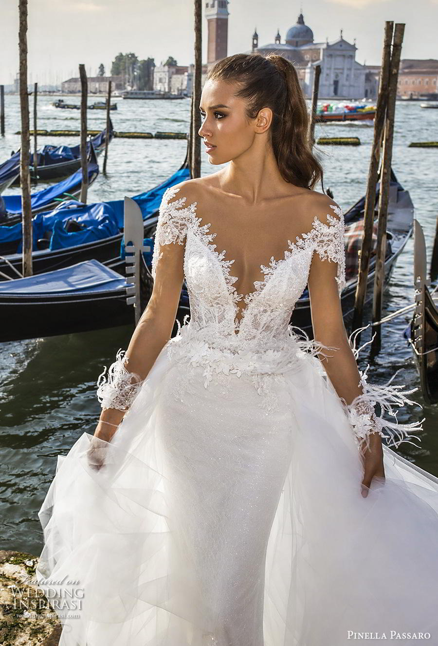 pinella passaro 2019 bridal long sleeves deep v neck heavily embellished bodice princess romantic sheath wedding dress a  line overskirt sheer button back royal train (10) zv
