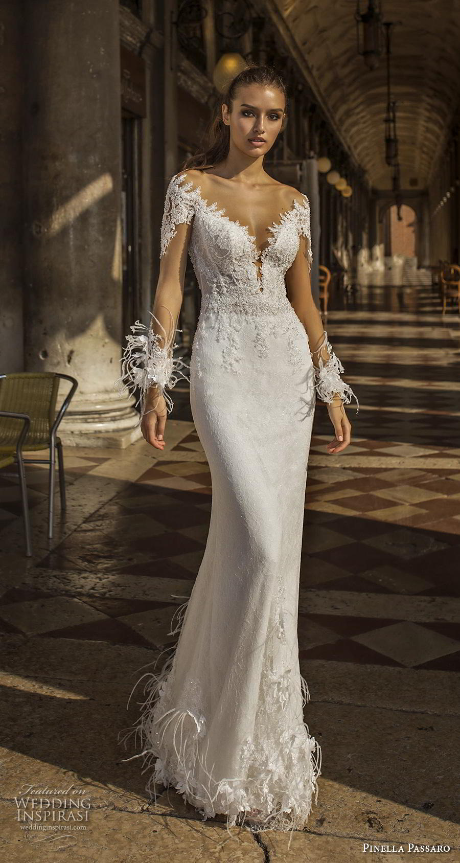 pinella passaro 2019 bridal long sleeves deep v neck heavily embellished bodice princess romantic sheath wedding dress sheer button back royal train (10) mv