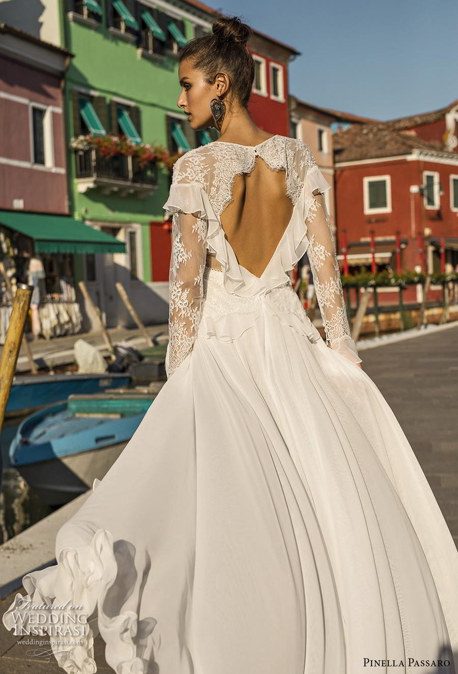 pinella passaro 2019 bridal long sleeves illusion bateau v neckline heavily embellished bodice slit skirt bohemian soft a  line wedding dress keyhole back chapel train (5) zbv