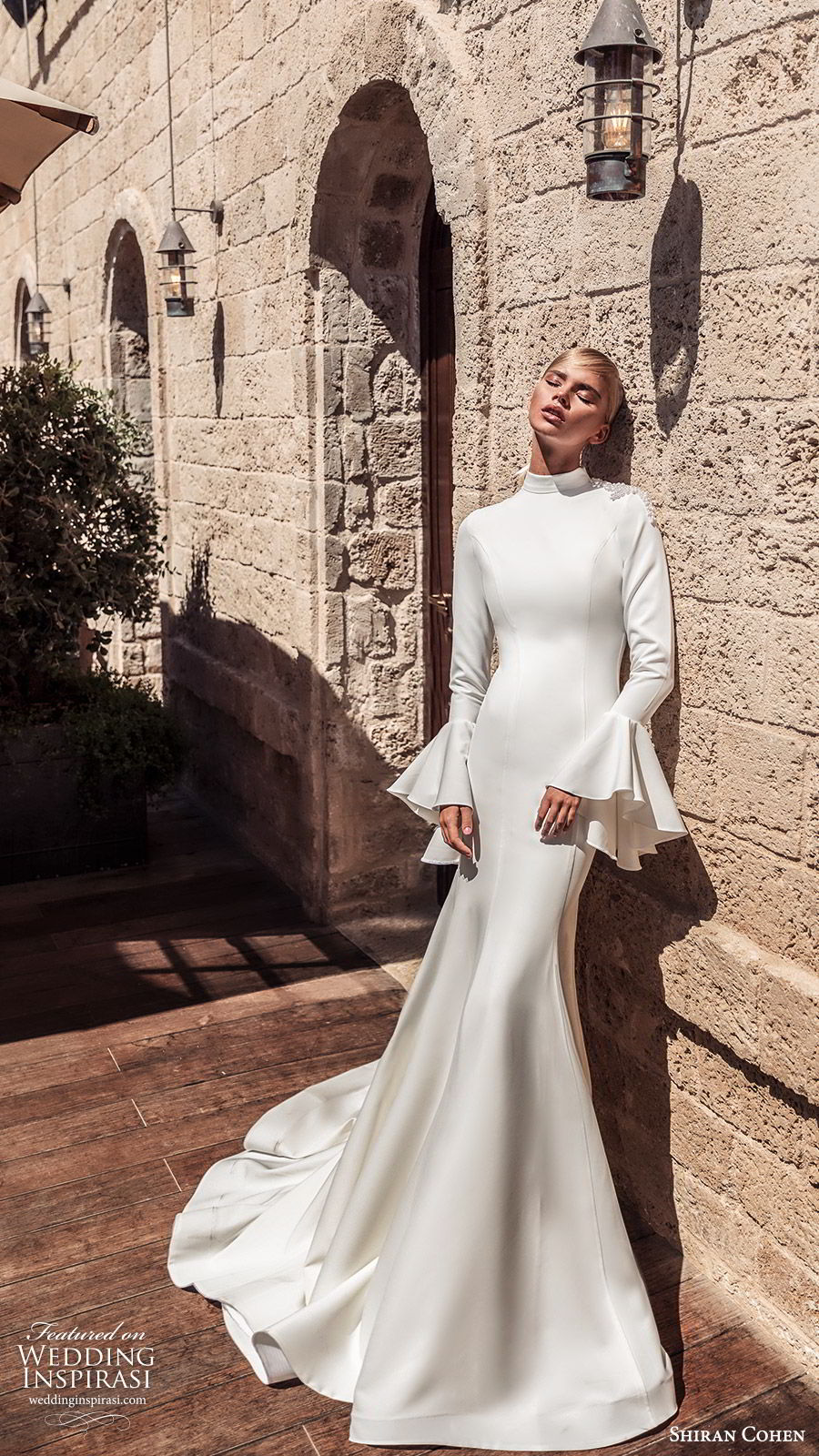 shiran cohen 2019 bridal bell long sleeves high neckline fit flare mermaid wedding dress chapel train clean elegant modern (9) mv