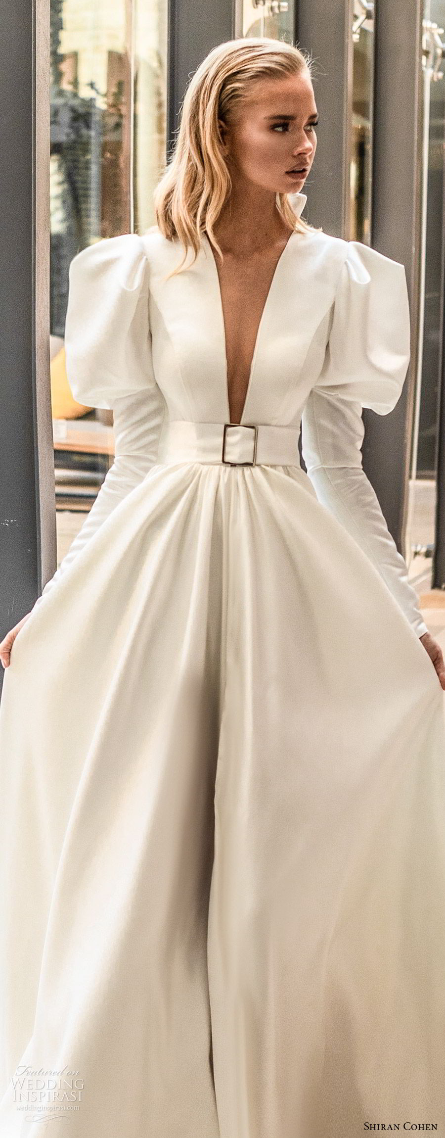 shiran cohen 2019 bridal mutton sleeves plunging v neckline collar belt a line ball gown wedding dress chapel train romantic princess clean modern (5) lv