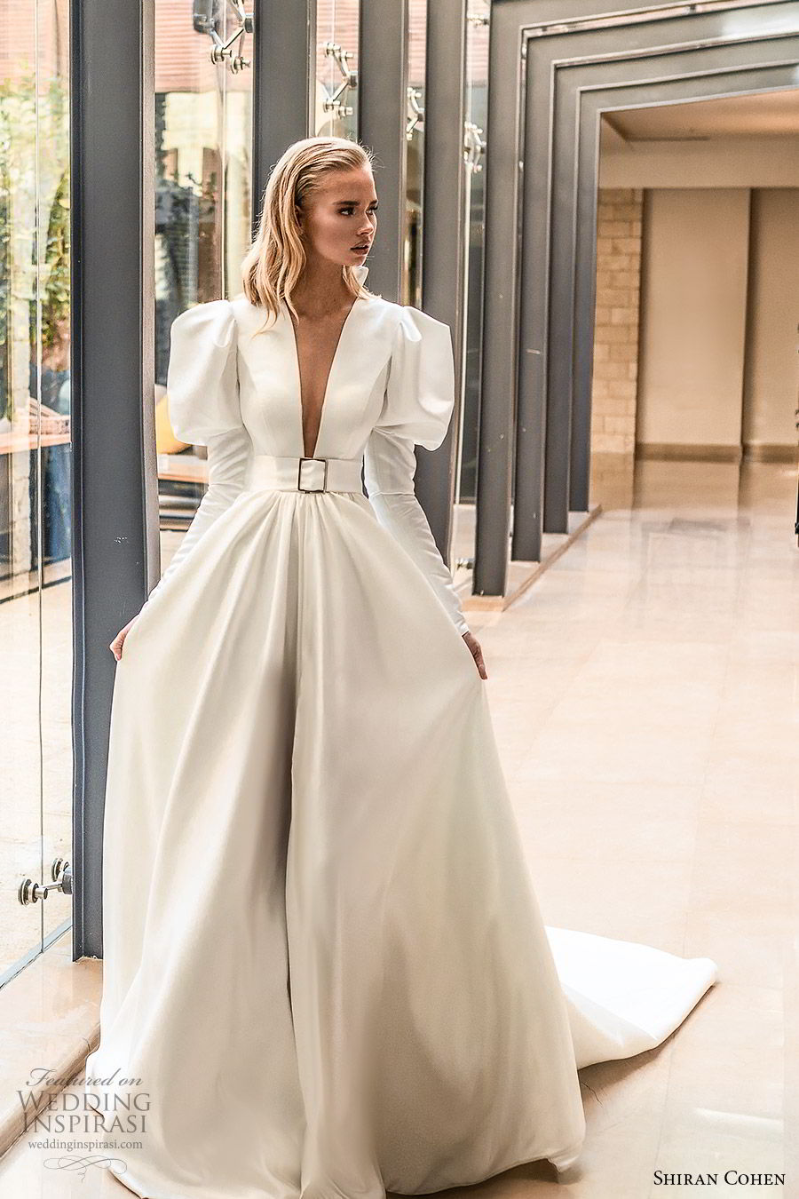 shiran cohen 2019 bridal mutton sleeves plunging v neckline collar belt a line ball gown wedding dress chapel train romantic princess clean modern (5) mv