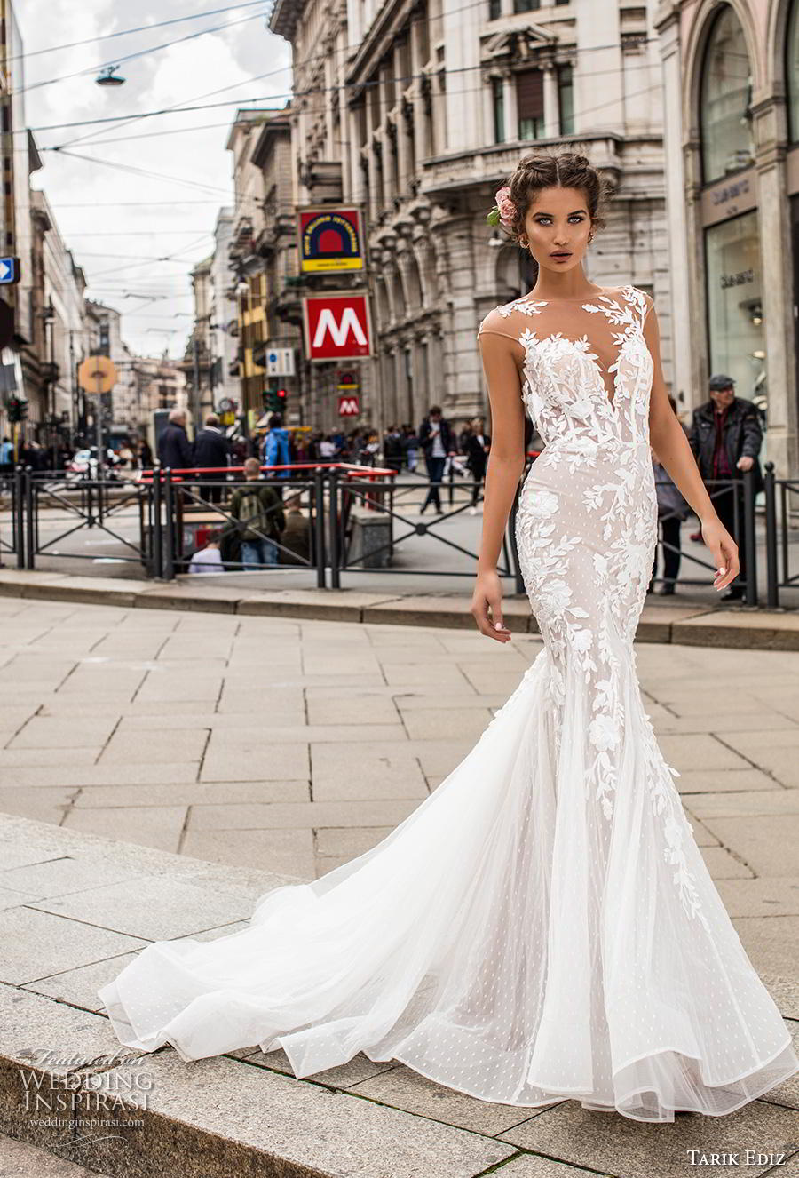 tarik ediz 2019 bridal cap sleeves illusion bateau deep sweetheart neckline heavily embellished bodice elegant mermaid weddding dress keyhole back chapel train (1) mv