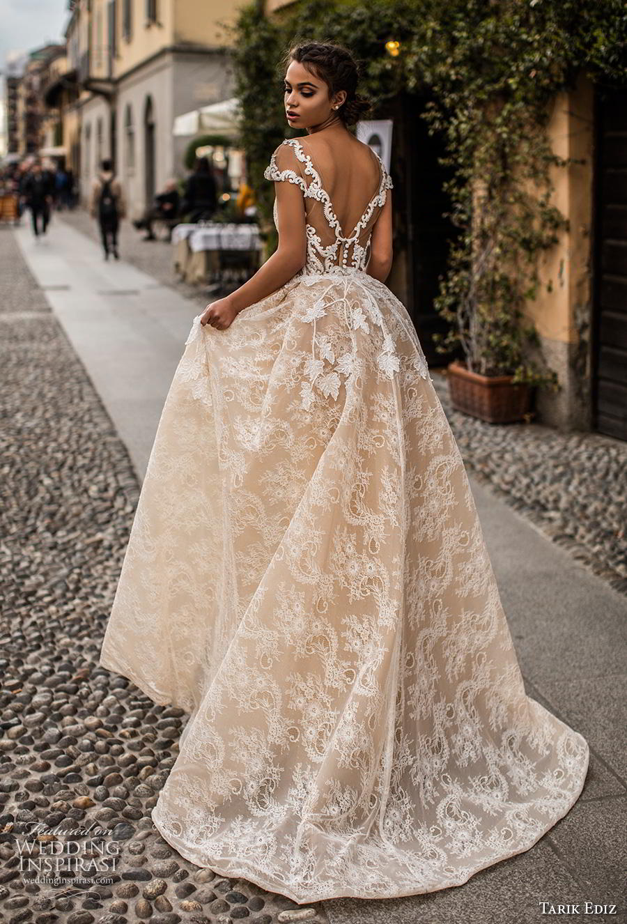 tarik ediz 2019 bridal cap sleeves sheer boat sweetheart neckline full embellishment romantic ivory sheath wedding dress a  line overskirt v back chapel train (23) bv