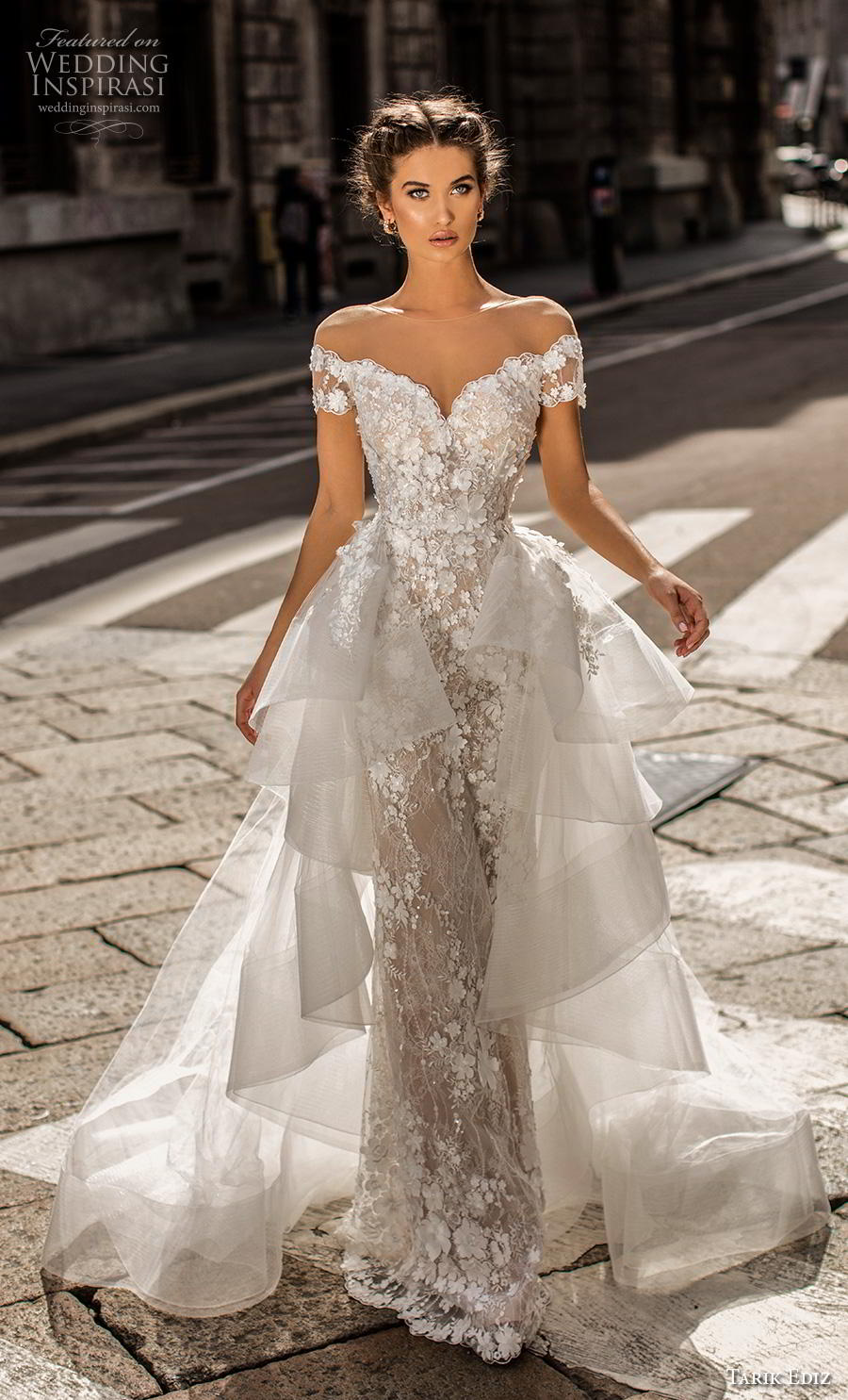 tarik ediz 2019 bridal illusion off the shoulder illusion bateau sweetheart neckline full embellishment romantic sheath wedding dress a line overskirt chapel train 3 mv