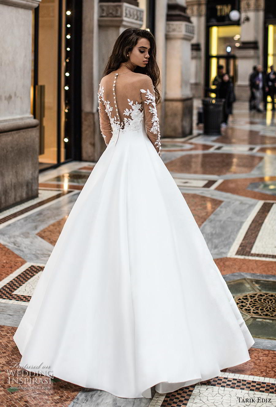 tarik ediz 2019 bridal long lace sleeves sheer bateau deep plunging sweetheart neckline simple minimalist princess a  line wedding dress sheer button back sweep train (14) bv