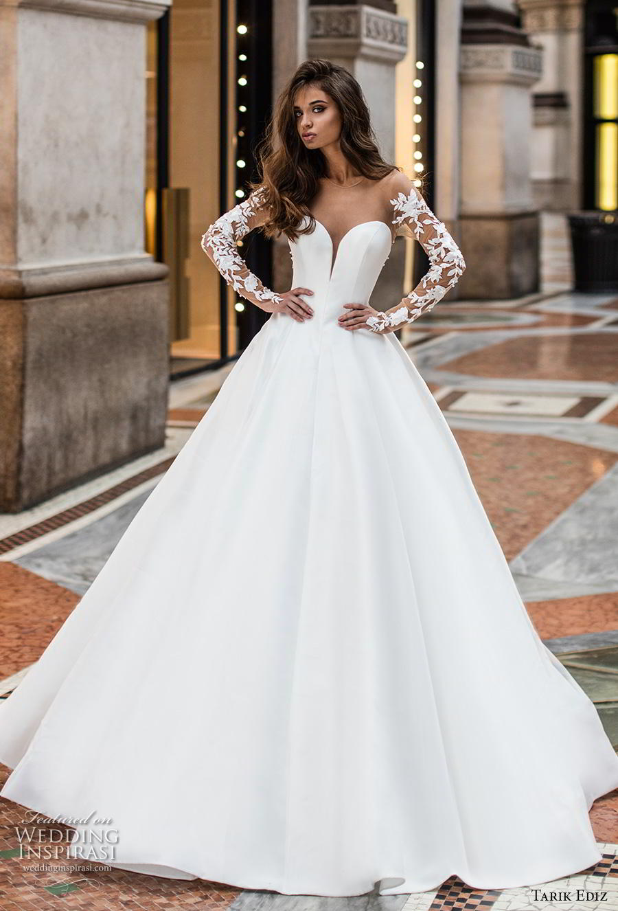 tarik ediz 2019 bridal long lace sleeves sheer bateau deep plunging sweetheart neckline simple minimalist princess a  line wedding dress sheer button back sweep train (14) mv