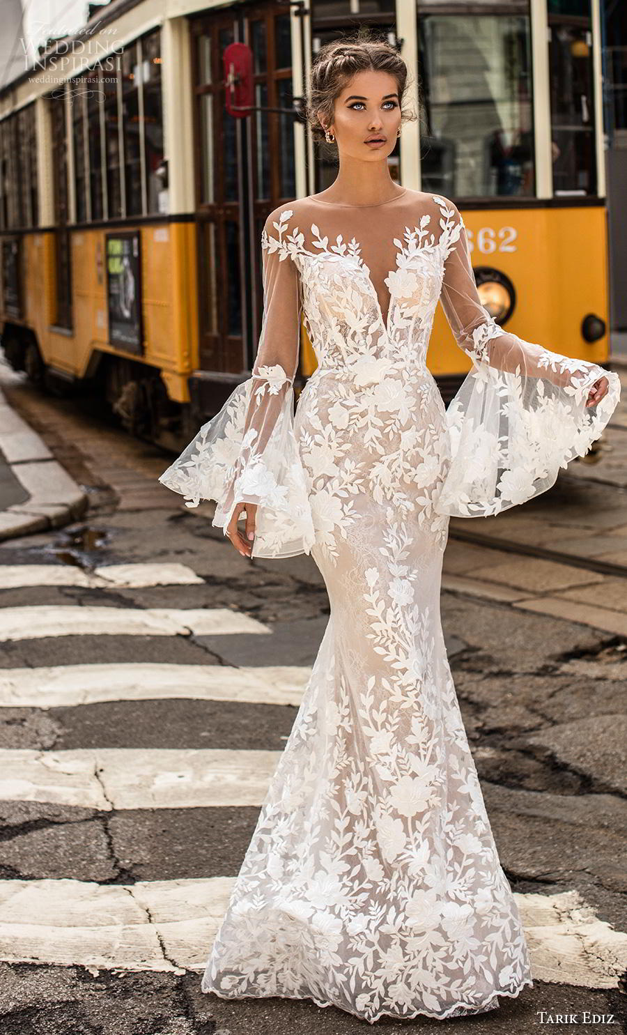 tarik ediz 2019 bridal long lantern sleeves illusion bateau deep sweetheart neckline full embellishment elegant fit and flare wedding dress lace button back sweep back (2) mv