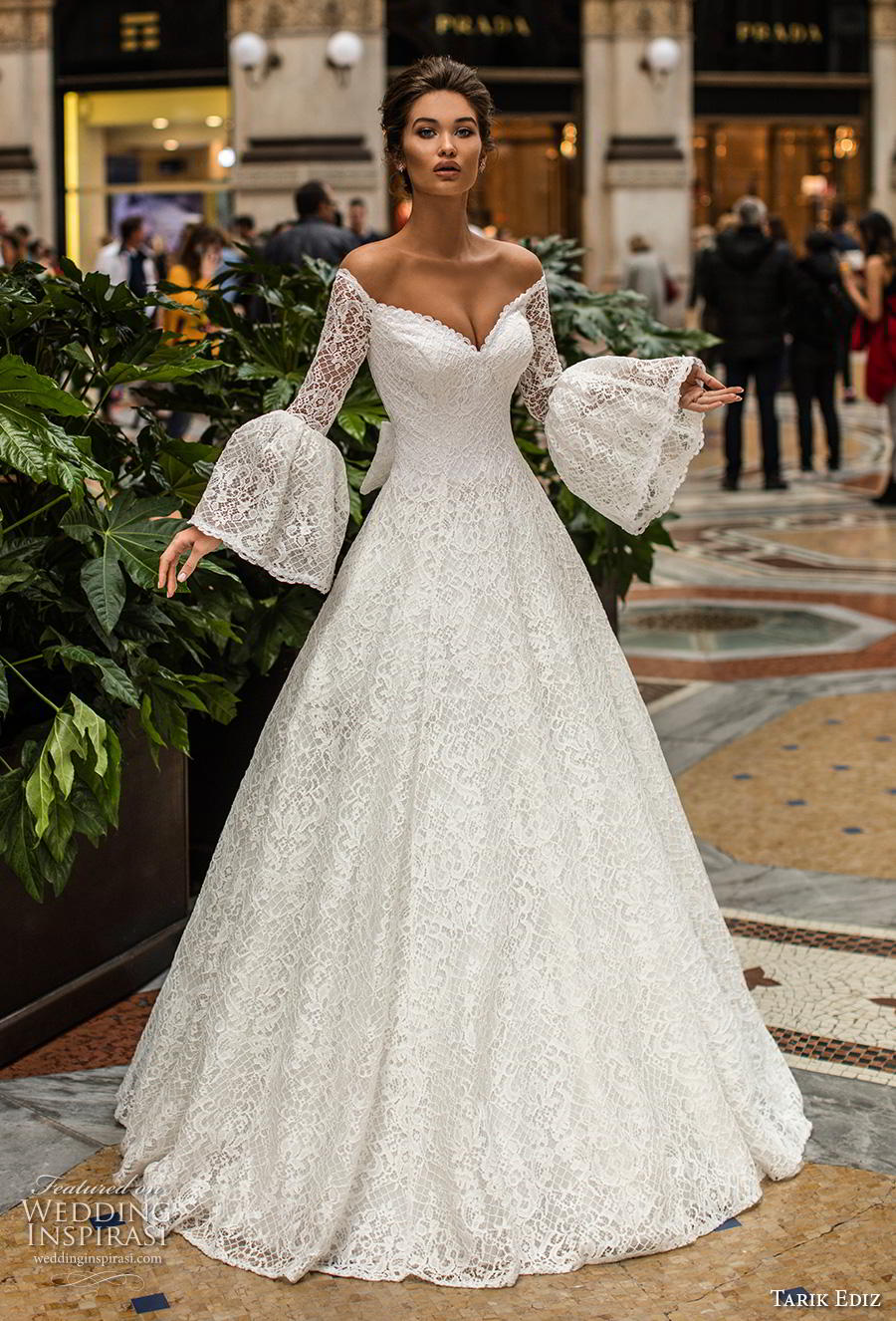 tarik ediz 2019 bridal long lantern sleeves v neck full embellishment romantic a  line wedding dress (21) mv