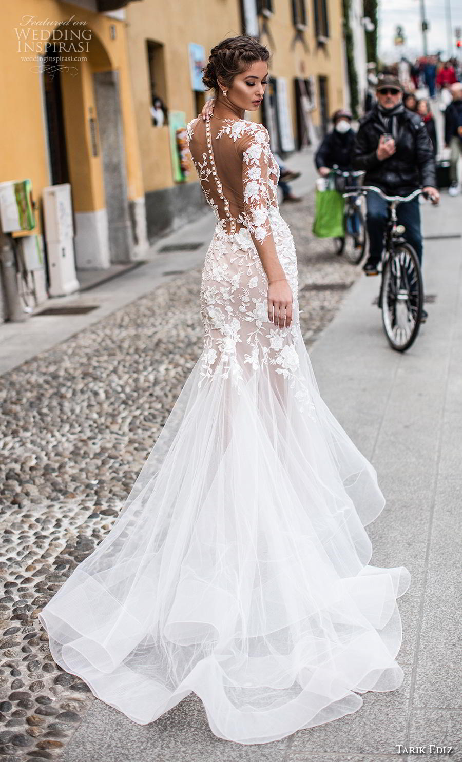 tarik ediz 2019 bridal long sleeves illusion bateau neckline heavily embellished bodice elegant trumpet wedding dress sheer button back chapel train (4) bv