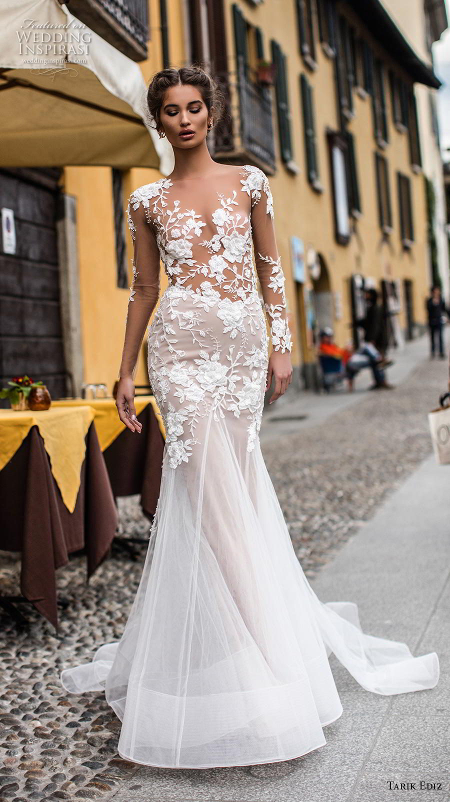 tarik ediz 2019 bridal long sleeves illusion bateau neckline heavily embellished bodice elegant trumpet wedding dress sheer button back chapel train (4) mv