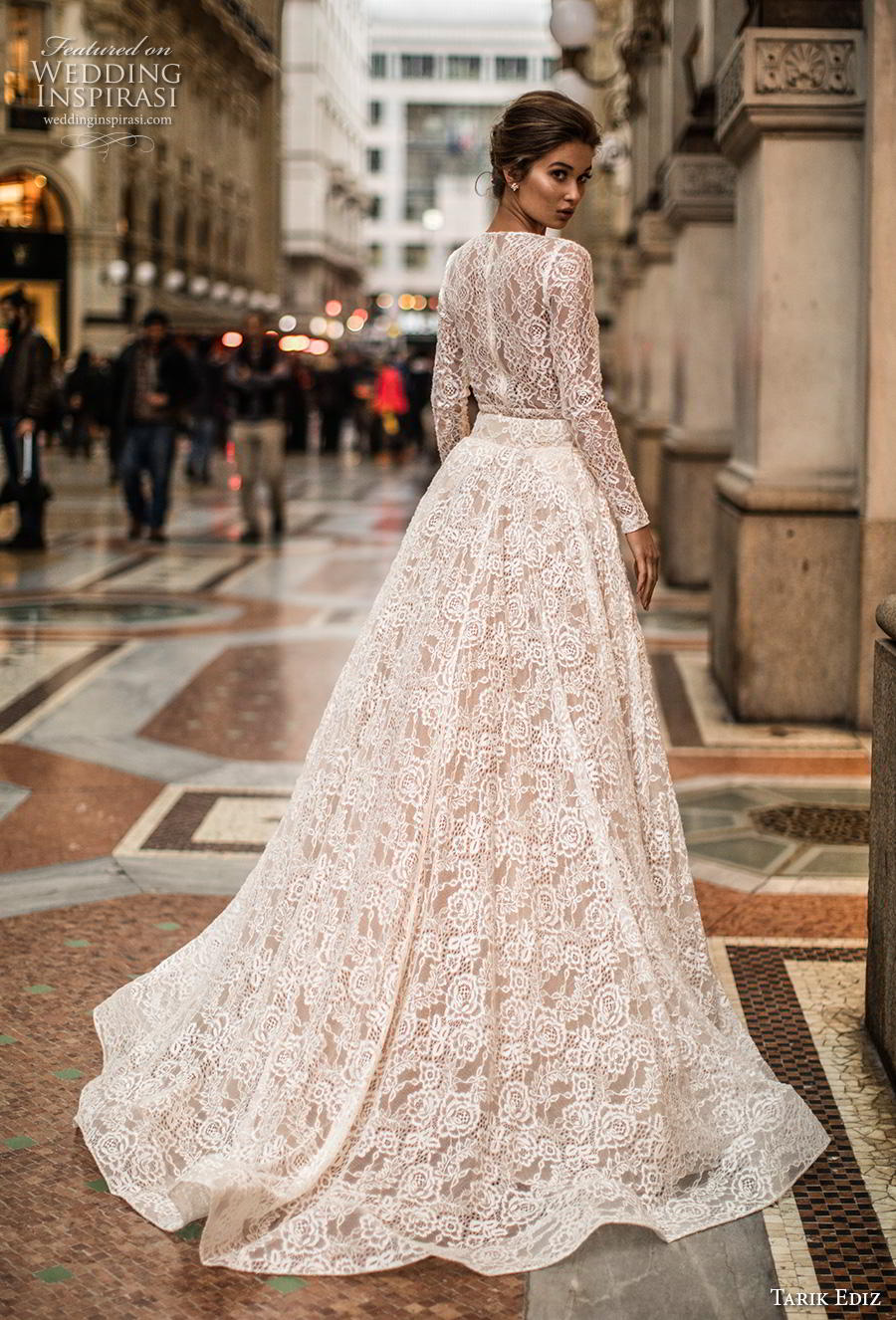 tarik ediz 2019 bridal long sleeves jewel neckline full embellishment elegant modest classy sheath wedding dress a  line overskirt covered back chapel train (5) bv