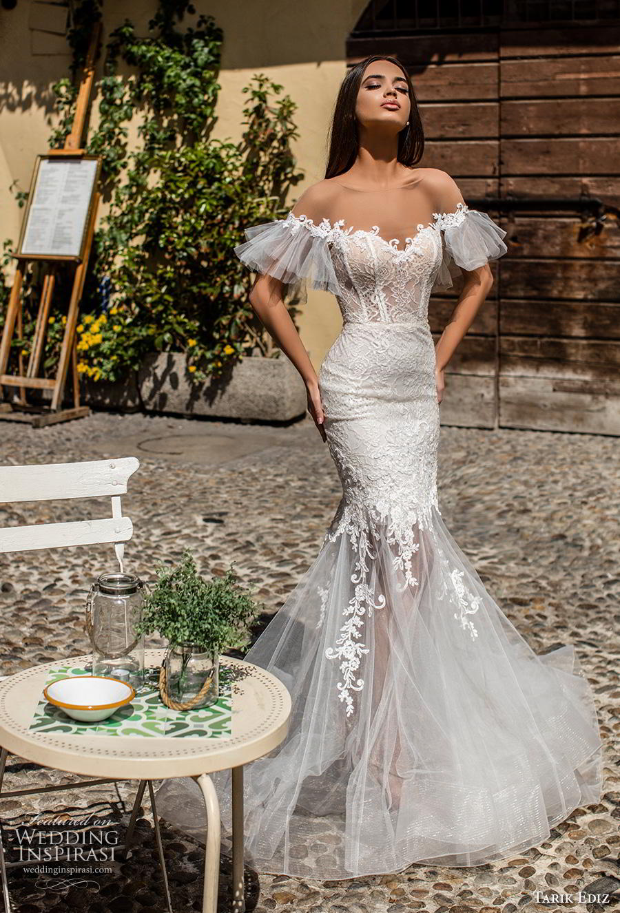 tarik ediz 2019 bridal off the shoulder tiered sleeves sweetheart neckline heavily embellished bodice romantic mermaid wedding dress backless chapel train (18) mv