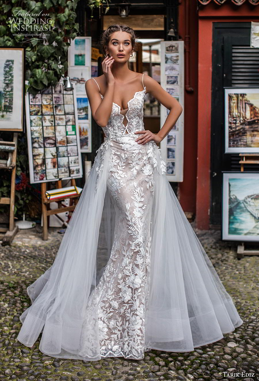 tarik ediz 2019 bridal sleeveless spaghetti strap deep diamond neckline full embellishment romantic fit and flare wedding dress a  line overskirt backless strap back chapel train (13) mv