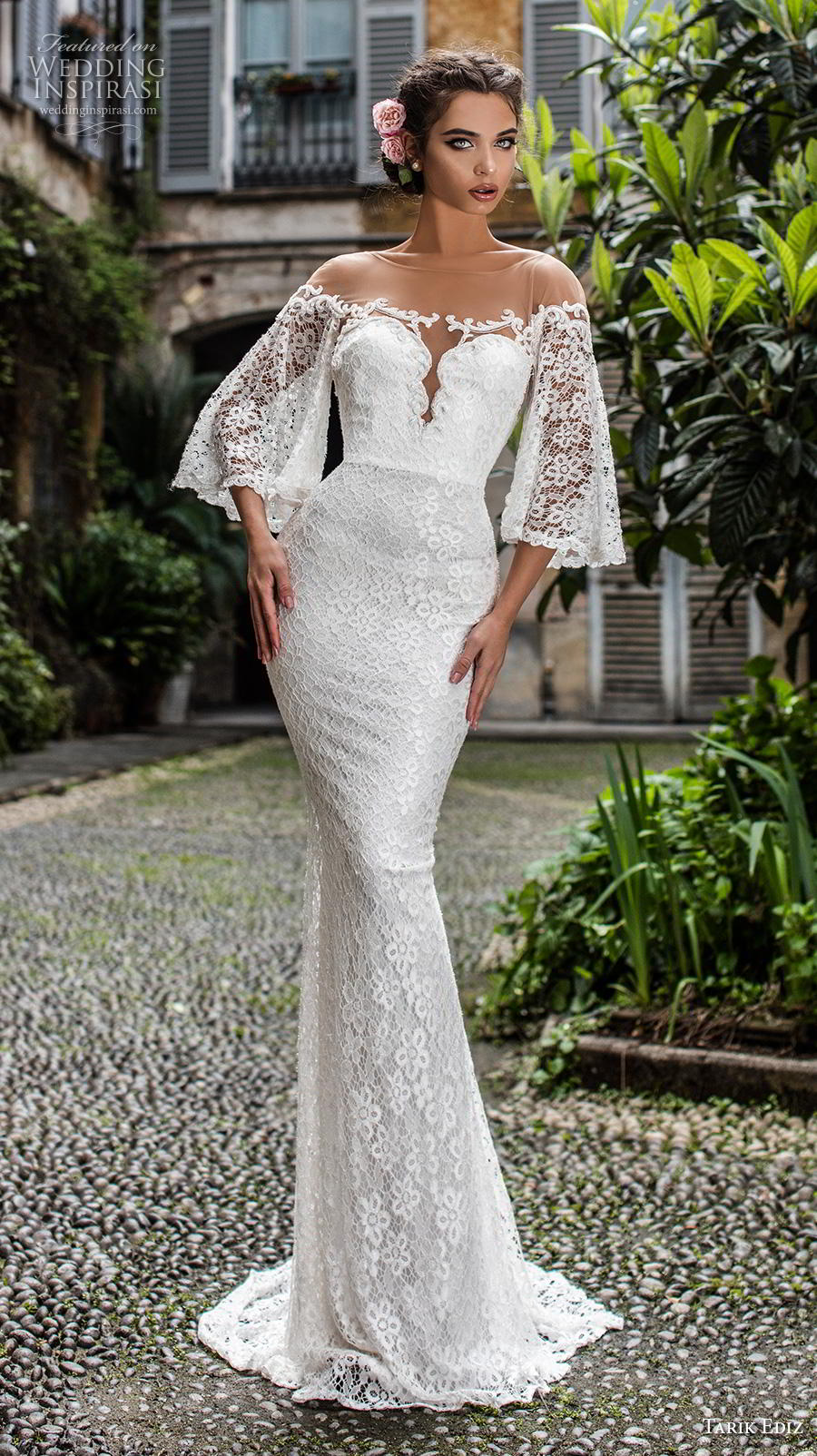 tarik ediz 2019 bridal three quarter bell sleeves sheer boat sweetheart neckline full embellishment romantic sheath wedding dress mid back sweep train (19) mv