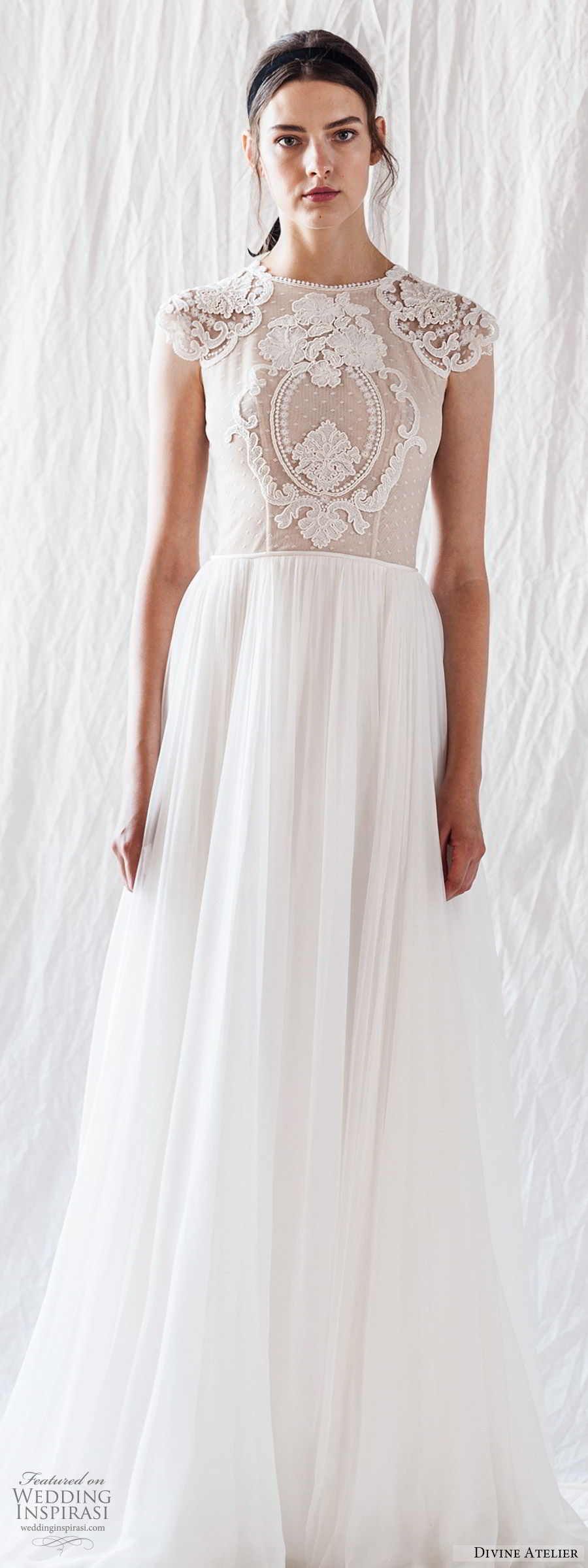 divine atelier 2019 bridal cap sleeves jewel neck lace bodice soft aline wedding dress (10) sheer bodice sweep train boho romantic mv