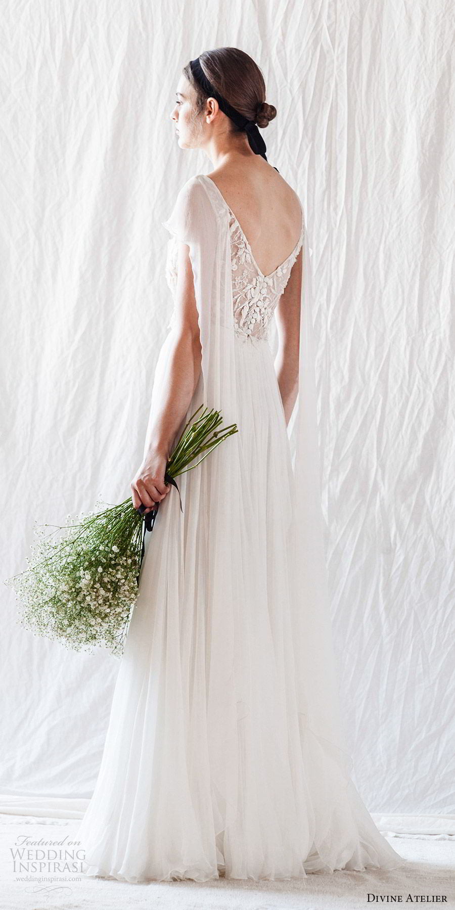 divine atelier 2019 bridal flutter sleeves bateau neckline embellished sheer bodice soft a line wedding dress (3) vback sweep train romantic bv