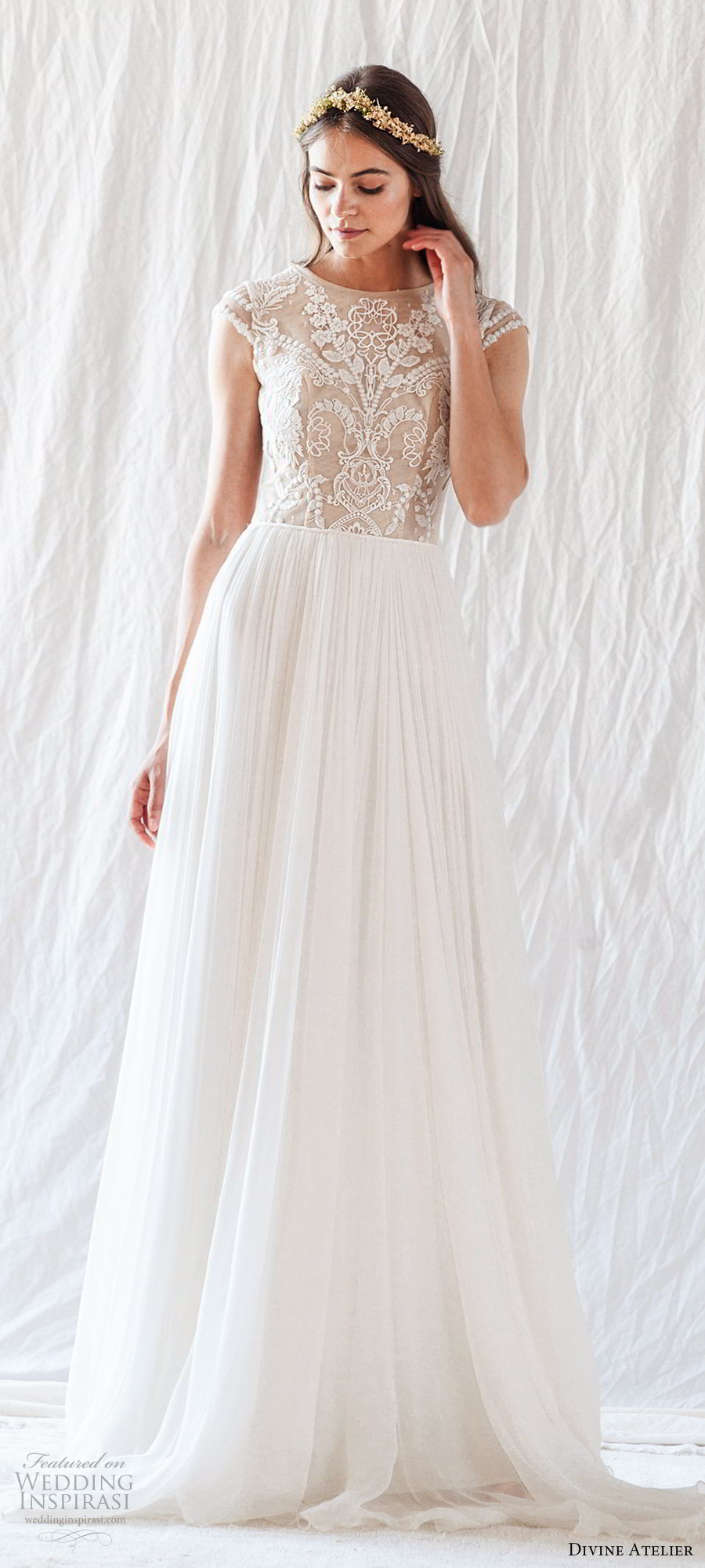 divine atelier 2019 bridal illusion cap sleeves jewel neck embroidered bodice soft a line wedding dress (15) sheer back sweep train romantic whimsical  mv