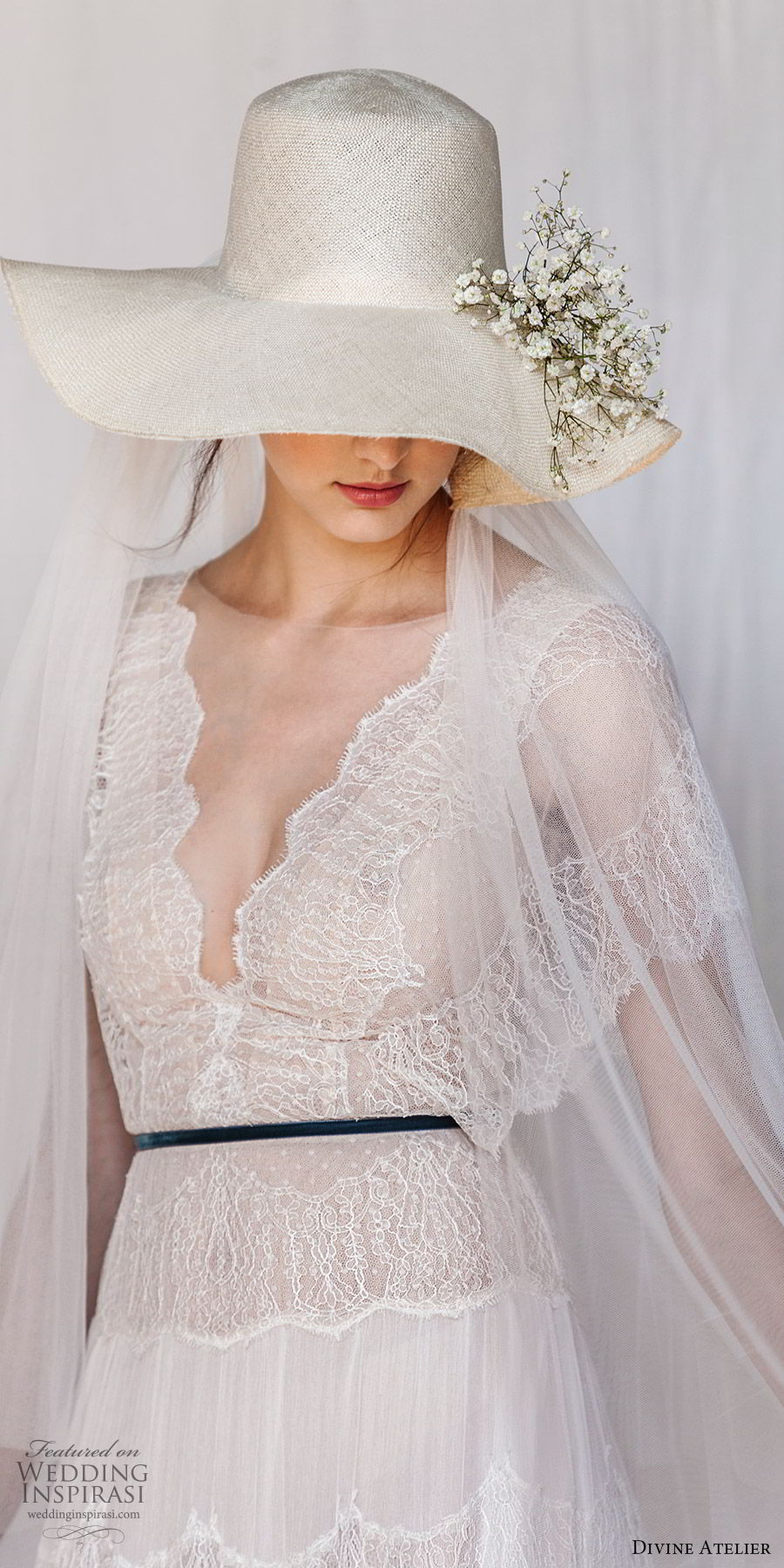 divine atelier 2019 bridal illusion flutter sleeves deep v neck lace a line wedding dress (18) v back sweep train vintage romantic bohemian zv