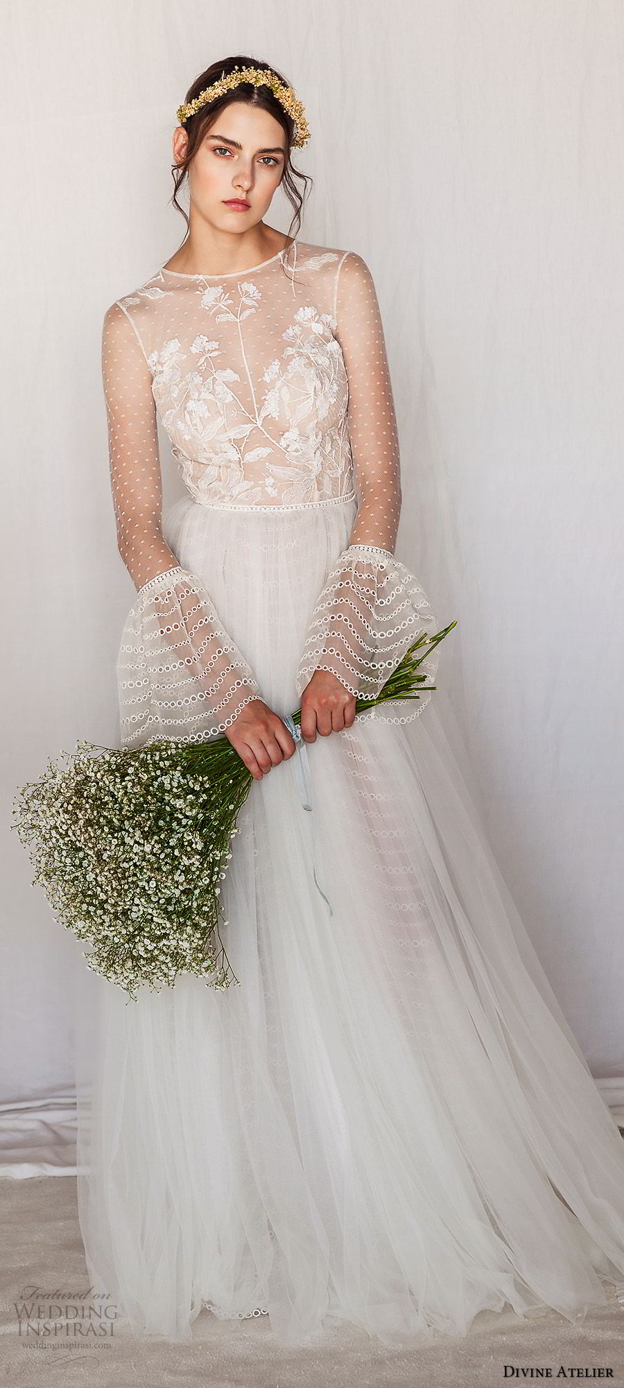 divine atelier 2019 bridal illusion long bell sleeves jewel neck sheer embellished bodice a line ball gown wedding dress (1) sweep train romantic elegant mv 