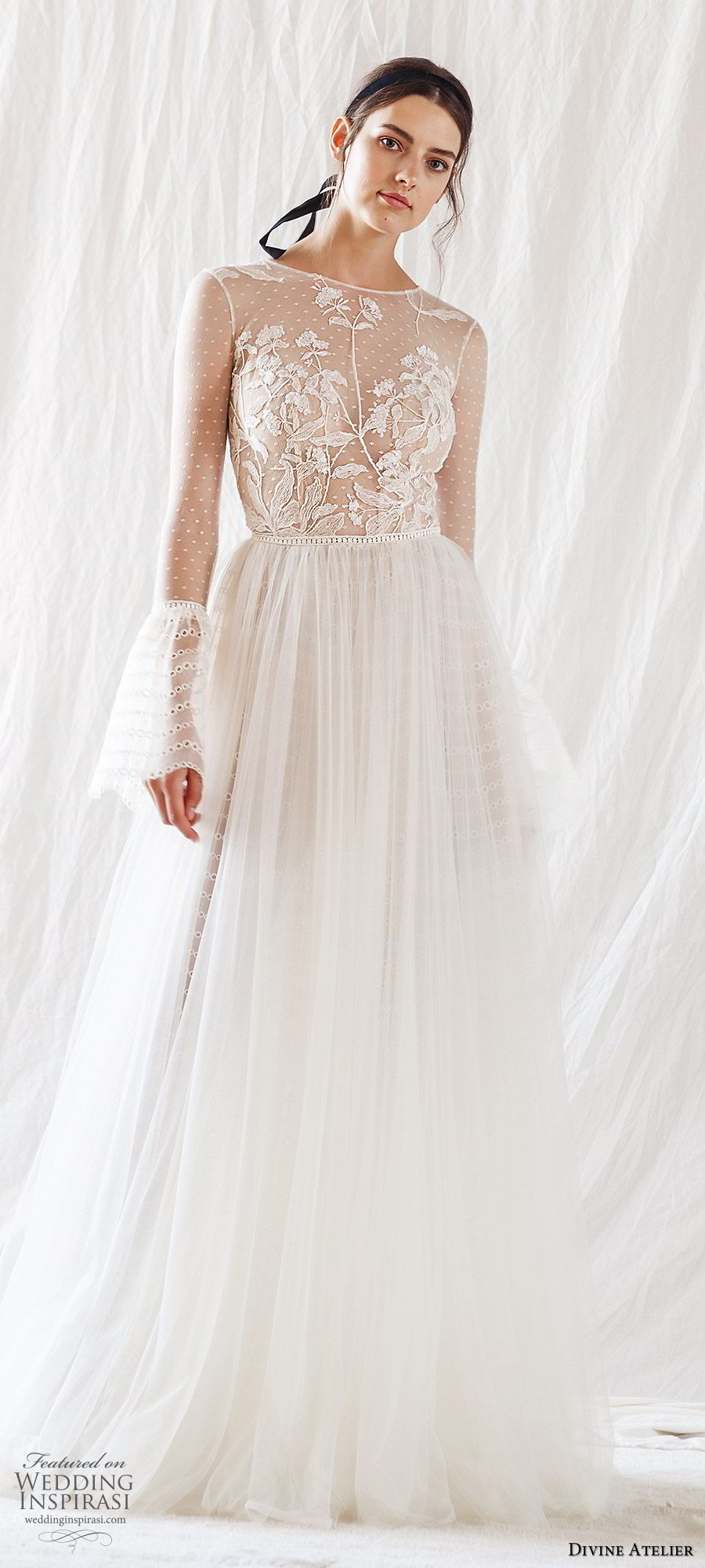 divine atelier 2019 bridal illusion long bell sleeves jewel neck sheer embellished bodice a line ball gown wedding dress (1) sweep train romantic elegant mv