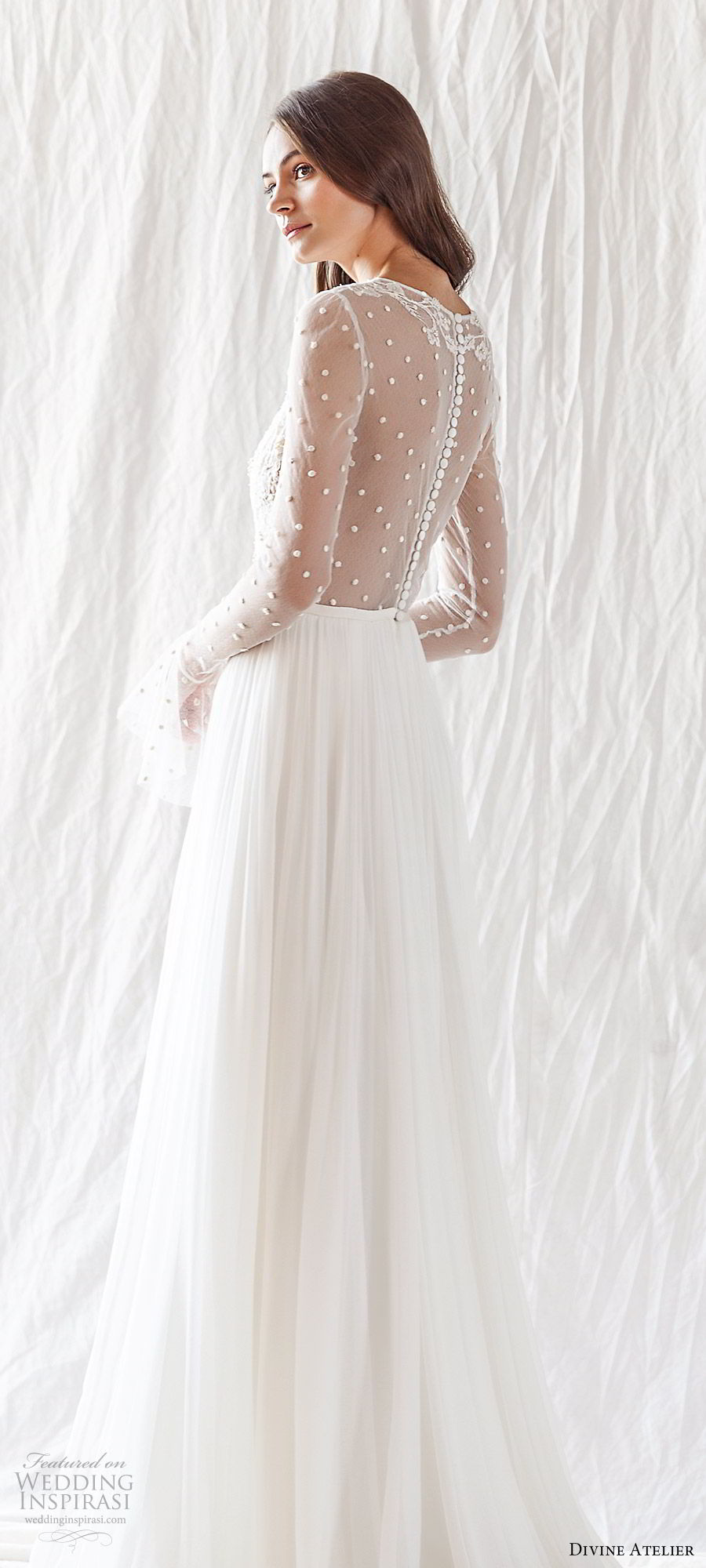 divine atelier 2019 bridal illusion long bell sleeves jewel neckline sheer lace bodice soft a line wedding dress (11) sheer back chapel train romantic boho chic bv