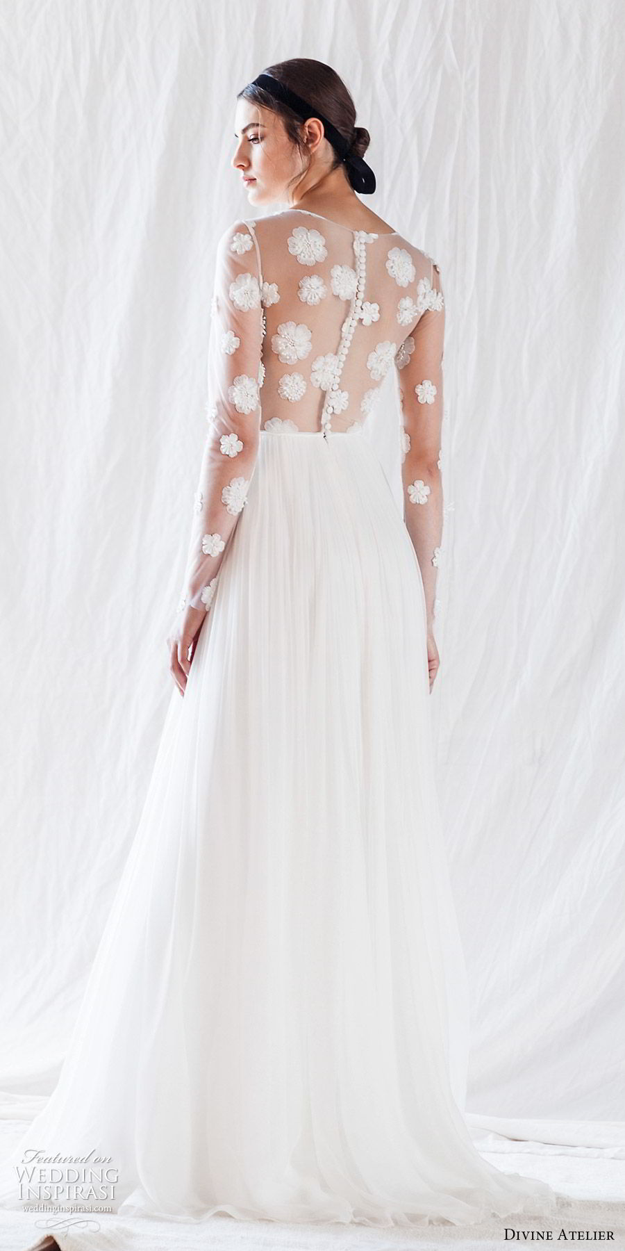 divine atelier 2019 bridal illusion long sleeves embellished sheer corset bodice soft a line wedding dress (2) sheer back sweep train romantic elegant bv