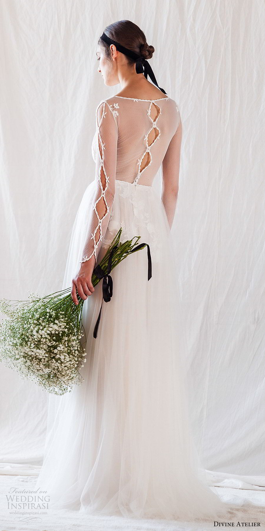 divine atelier 2019 bridal illusion long sleeves plunging v neck embellished bodice soft a line wedding dress (4) sheer back keyhole sweep train romantic boho bv