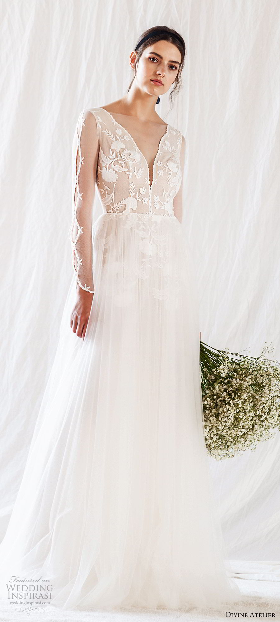 divine atelier 2019 bridal illusion long sleeves plunging v neck embellished bodice soft a line wedding dress (4) sheer back sweep train romantic boho  mv