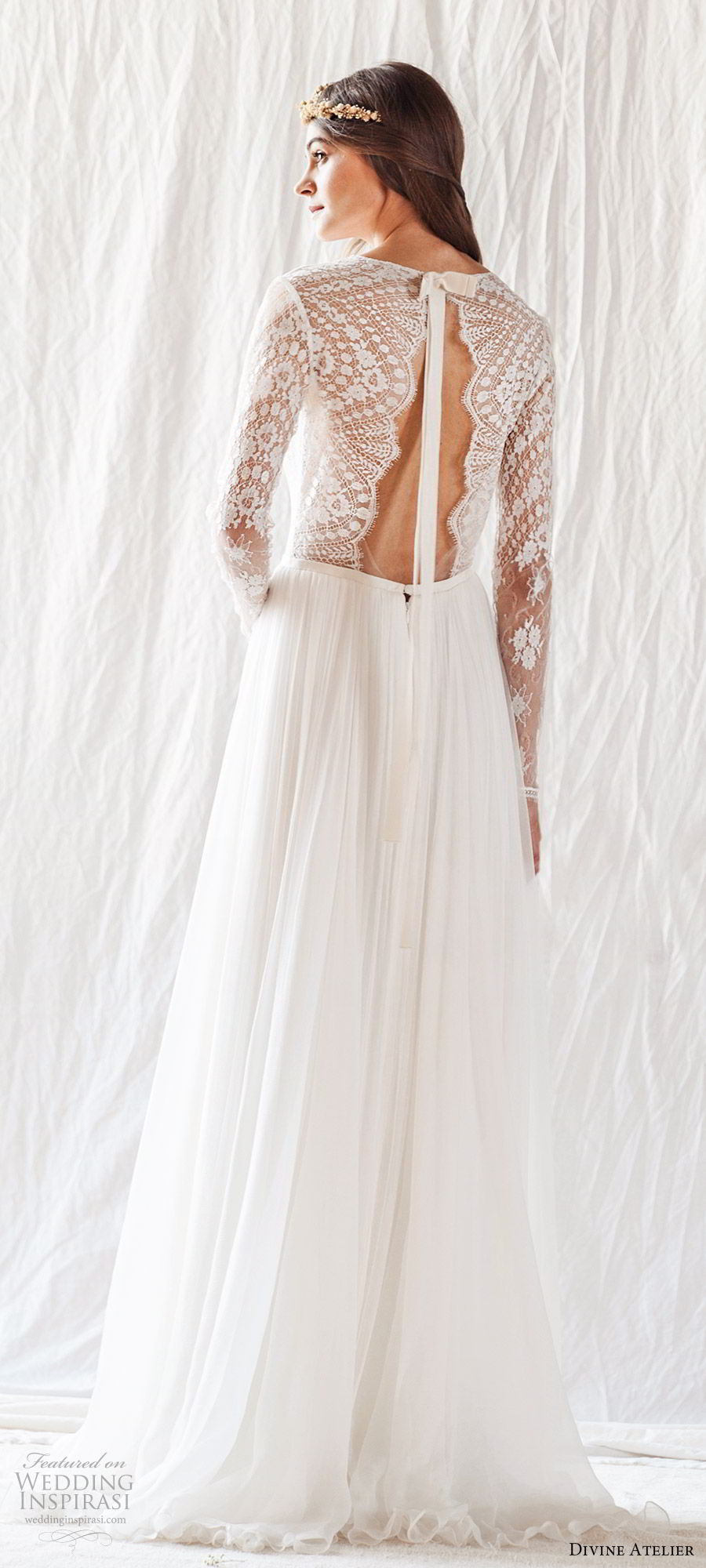divine atelier 2019 bridal illusion long sleeves plunging v neckline lace bodice wedding dress (14) sweep train cutout back romantic princess bv
