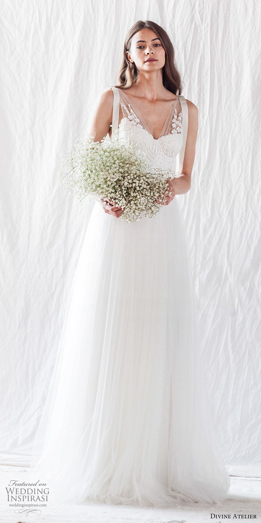 divine atelier 2019 bridal sleeveless ruched straps sheer v neckline lace sweetheart bodice wedding dress (16) romantic elegant mv