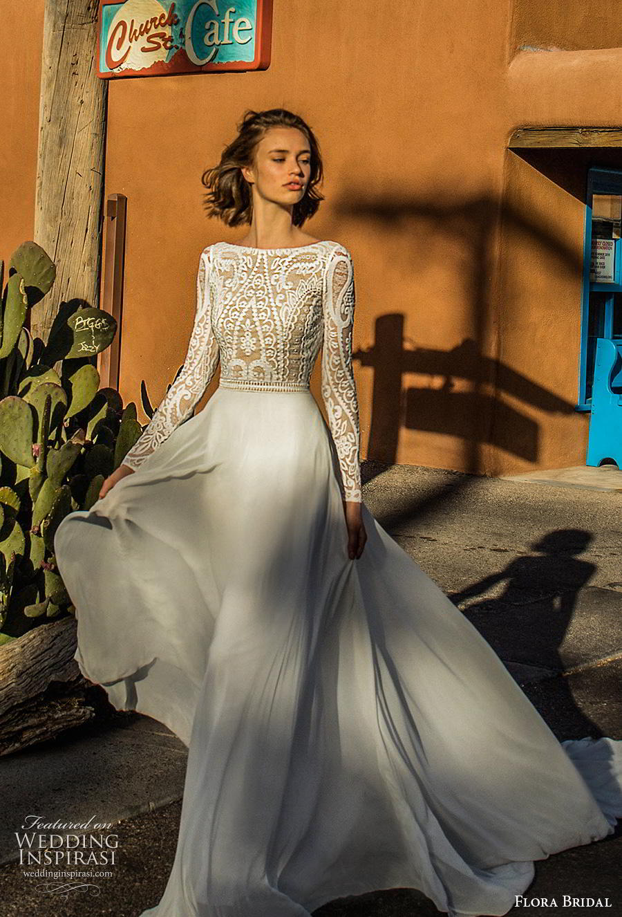 flora bridal 2019 bridal long sleeves bateau neckline heavily embellished bodice romantic soft a  line wedding dress backless scoop back chapel train (4) mv