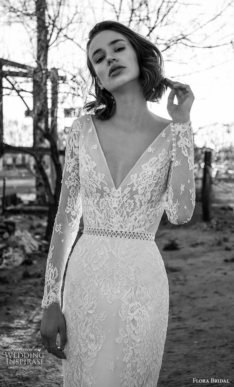 flora bridal 2019 bridal long sleeves deep v neck full embellishment elegant sheath wedding dress v back sweep train (16) zv