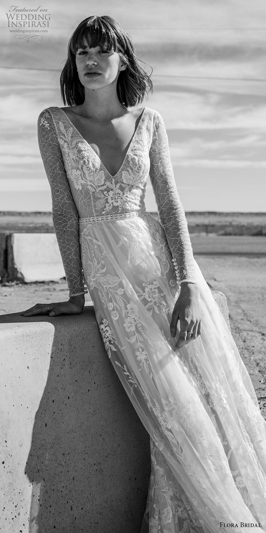 flora bridal 2019 bridal long sleeves v neck full embellishment elegant bohemian romantic soft a  line wedding dress v back chapel train (13) lv