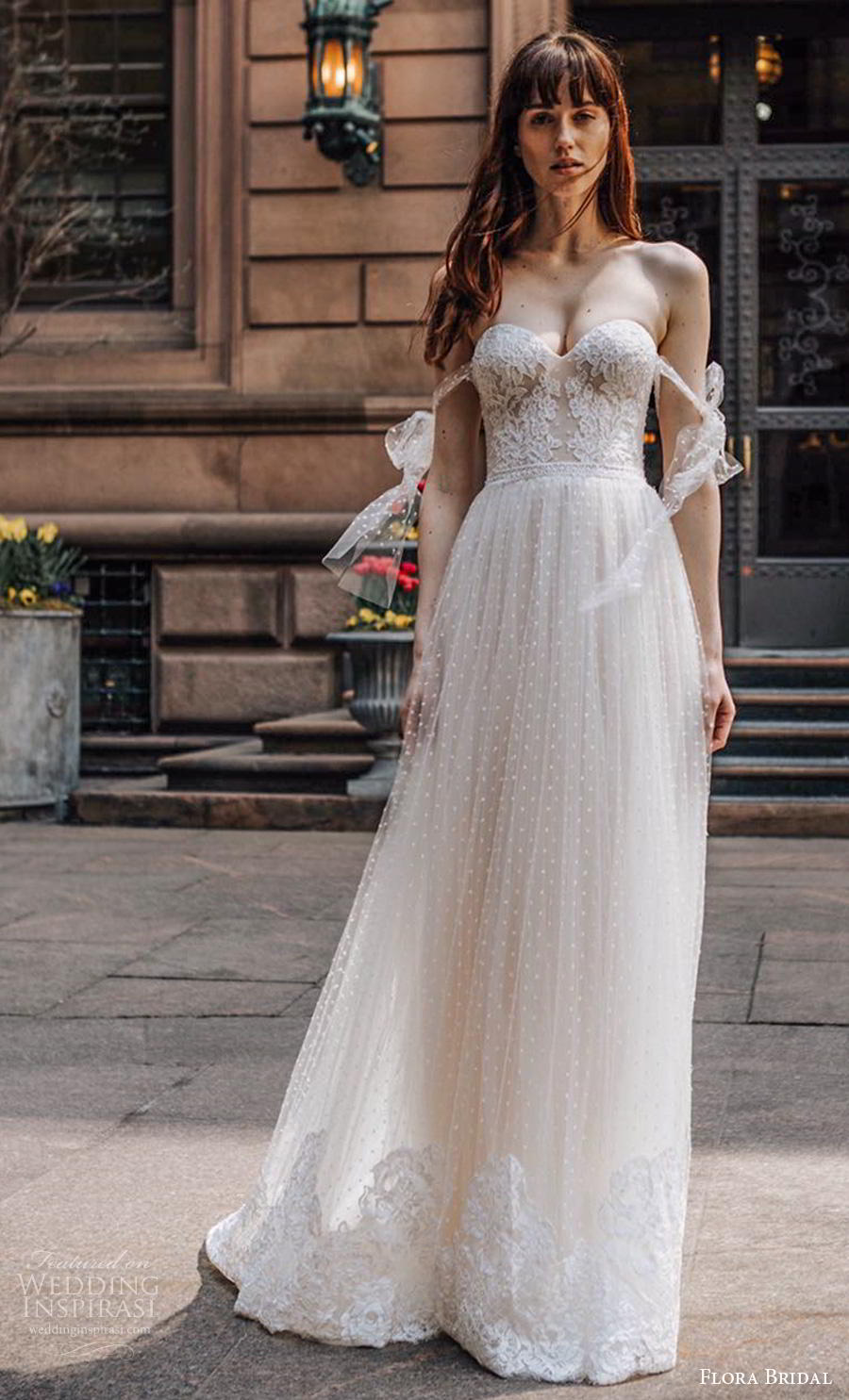 flora bridal 2019 bridal off the shoulder sweetheart neckline heavily embellished bodice romantic soft a  line wedding dress mid back chapel train (9) mv