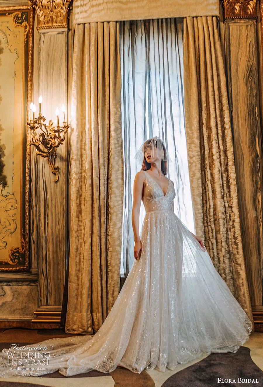 flora bridal 2019 bridal sleeveless deep v neck full embellishment glitter glamorous a  line wedding dress chapel train (7) mv